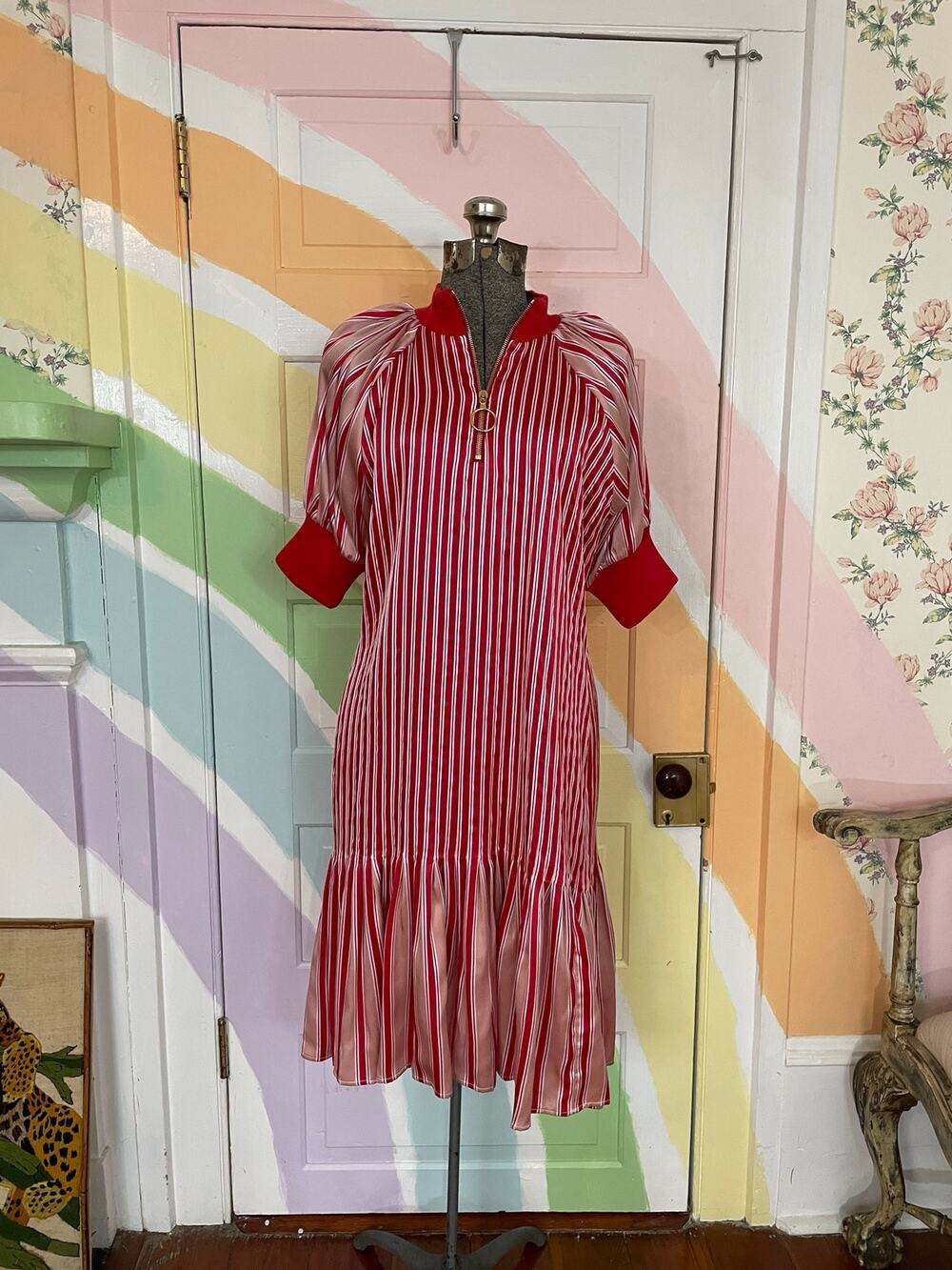 Maggie Marilyn Silk Red Pink Striped Drop Waist Zip Mini Dress US 8